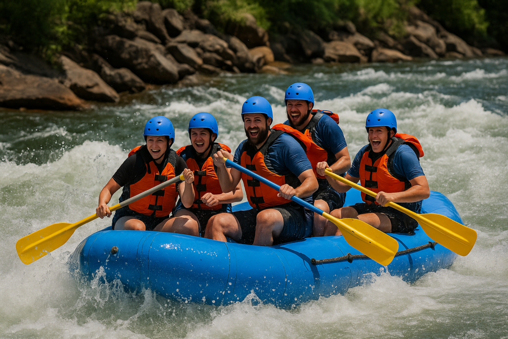 Ocoee River Rafters in blue raft with yellow oars.
